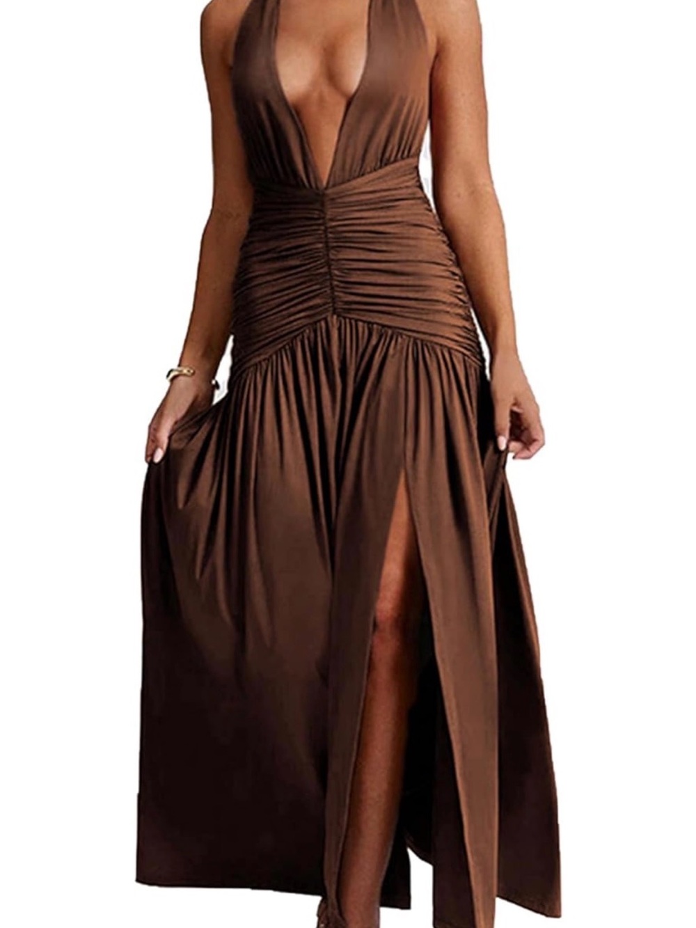 Brown Deep V-Neck Ruched Maxi Dress